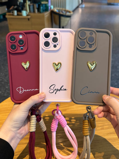 Custom Name Phone Case with 3D Gold Heart and Elegant Signature Design