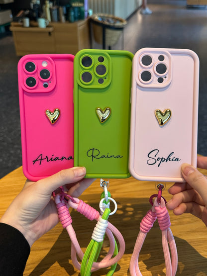 Custom Name Phone Case with 3D Gold Heart and Elegant Signature Design