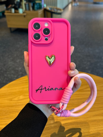 Custom Name Phone Case with 3D Gold Heart and Elegant Signature Design