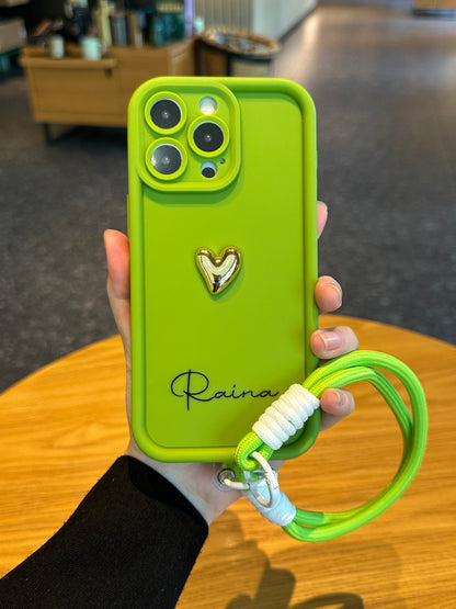 Custom Name Phone Case with 3D Gold Heart and Elegant Signature Design