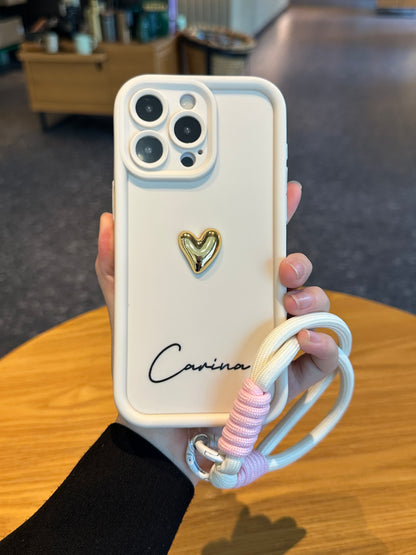 Custom Name Phone Case with 3D Gold Heart and Elegant Signature Design
